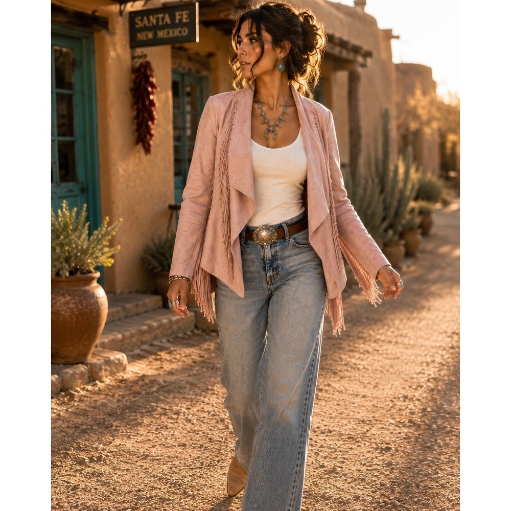 Colleen Lopez Womens M Dusty Rose Faux Suede Fringe Jacket Western Boho Pink